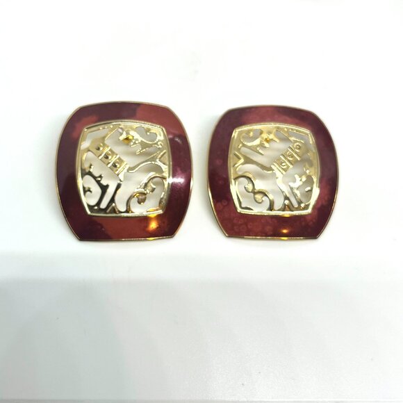 VINTAGE BEREBI ABSTRACT EARRINGS GOLD TONE RED MODERNIST ARTISAN STATEMENT - Picture 6 of 13